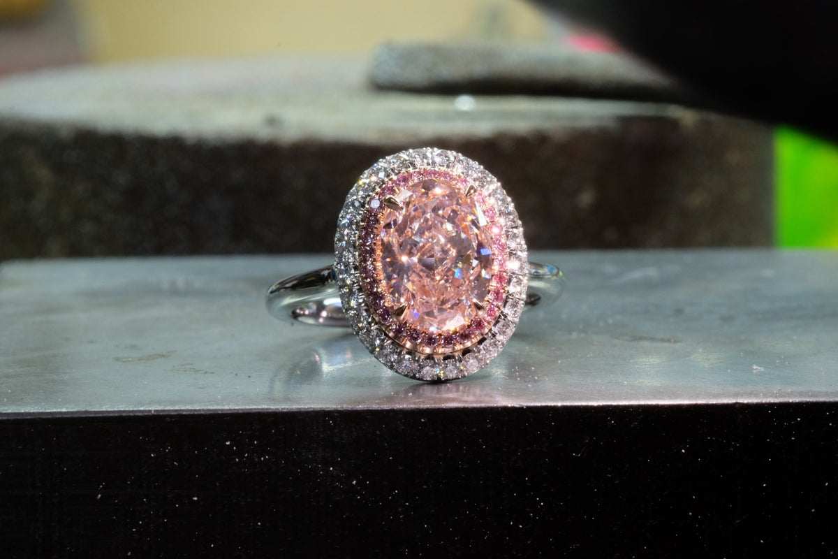 Pink diamond double halo ring, alternate front view Pink diamond double halo ring, alternate front view