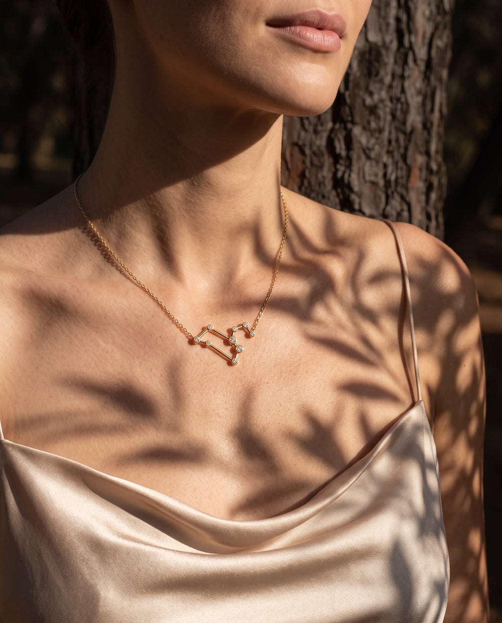 Leo constellation necklace worn at the neckline