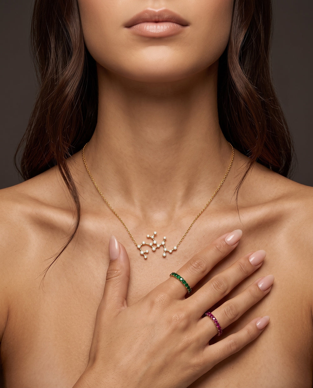 Sagittarius constellation necklace worn at the neckline