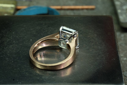 Asscher-cut solitaire platinum setting and brushed rose gold band, gallery view