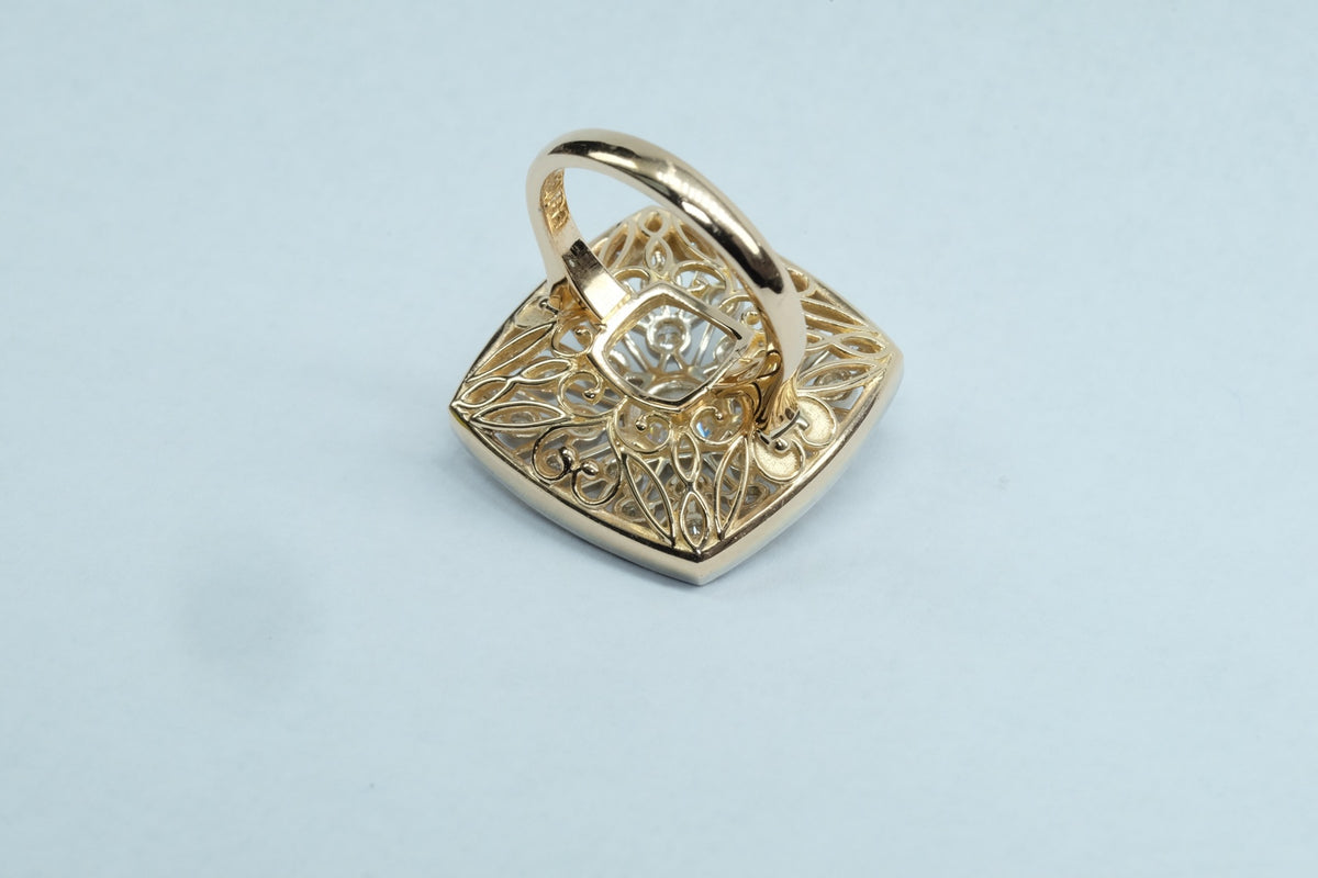 Diamond Openwork Panel Ring, yellow gold scrollwork gallery