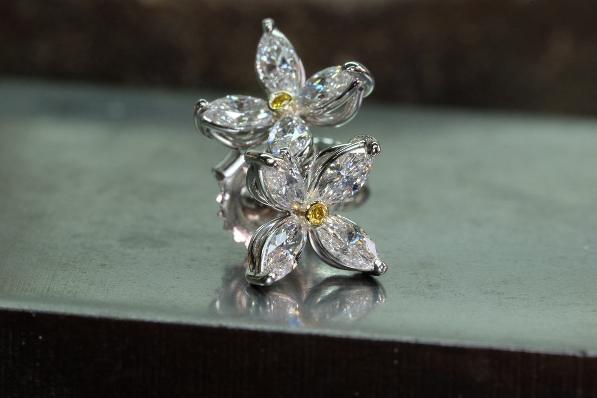 Marquise Diamond Flower Stud Earrings, angled view