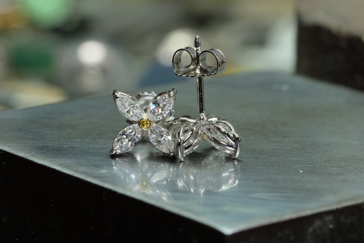 Marquise Diamond Flower Stud Earrings, front and reverse platinum wire setting