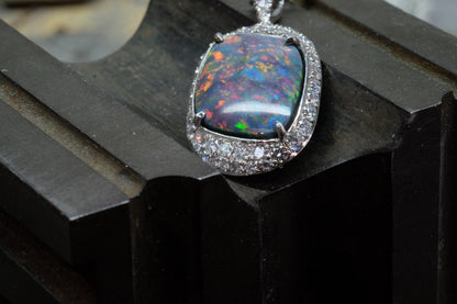 Opal & Diamond Halo Pendant, front detail