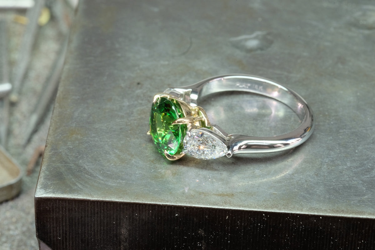 Oval Emerald & Pear Diamond Three-Stone Ring, setting detail