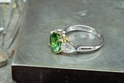 Oval Emerald & Pear Diamond Three-Stone Ring, setting detail