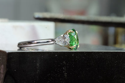 Oval Emerald & Pear Diamond Three-Stone Ring, opposite side view
