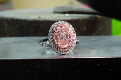 Pink diamond double halo ring, alternate front view