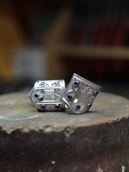 Work in progress: platinum and sapphire cufflinks before monogram engraving