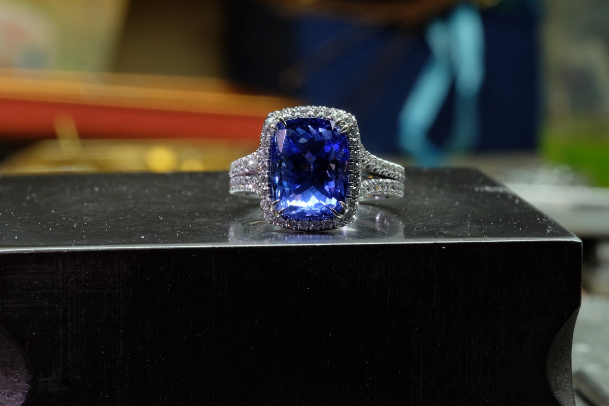 Sapphire & Diamond Split-Shank Halo Ring, view 1