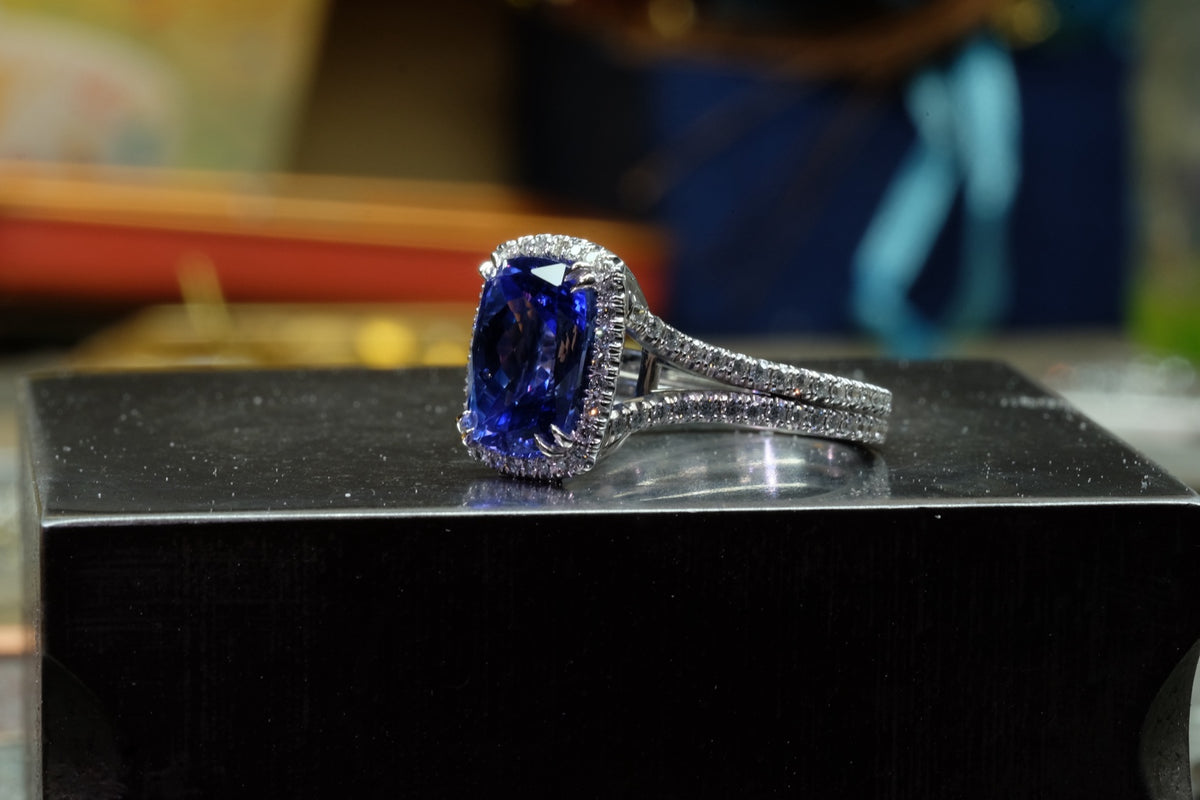 Sapphire & Diamond Split-Shank Halo Ring, view 2