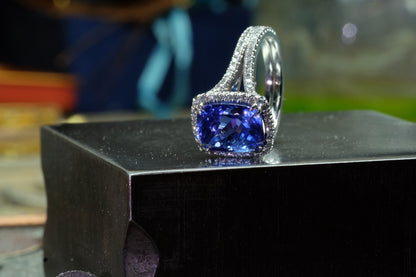 Sapphire & Diamond Split-Shank Halo Ring, view 3