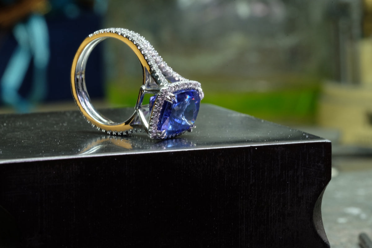 Sapphire & Diamond Split-Shank Halo Ring, view 4