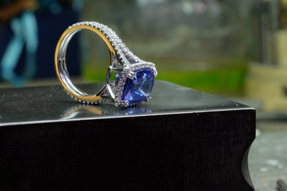 Sapphire & Diamond Split-Shank Halo Ring, view 4